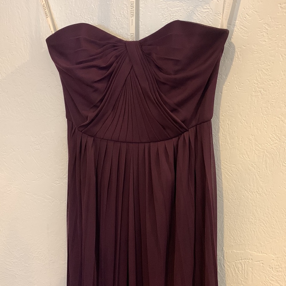 David's Bridal Deep Purple Strapless Maxi Dress